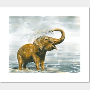 Loose Painting of a Baby Elephant Taking a Shower Posters and Art